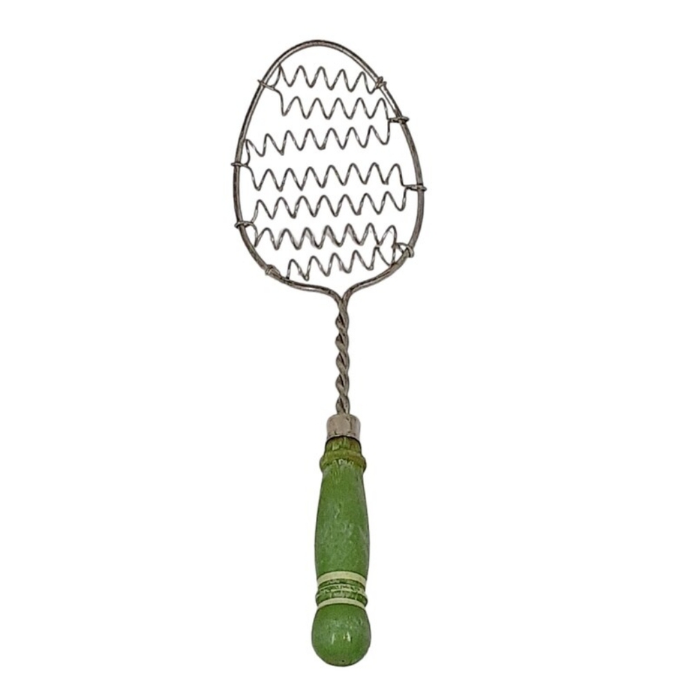 Vintage Cream and Green Whisk Wood Handle Twisted Wire Farmhouse Egg Beater